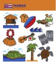 Hawaii travel tourism landmarks and tourist culture famous attractions vector icons Royalty Free Stock Photo