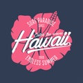 Hawaii typography graphics for t-shirt with hibiscus flower. Hawaiian surfing print for apparel and summer tee shirt. Vector.