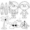 Hawaii vacation children. Boy and girl at the island. Beach summer vacation design elements. Vector black and white coloring page