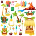 Hawaii vector hawaiian beach with tropical palm and sunbed or exotic fruity cocktails on summer vacation illustration