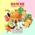 Hawaii vector travel illustration with beach resort items. Summer template. Beach resort. Sunny vacations