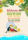 Hawaii vector travel illustration with beach. Summer template. Beach resort. Sunny vacations Royalty Free Stock Photo