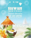 Hawaii vector travel illustration with coco. Summer template. Beach resort. Sunny vacations