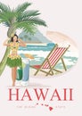 Hawaii vector travel illustration with airplane. Aloha! Summer template. Beach resort. Sunny vacations Royalty Free Stock Photo