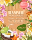 Hawaii vector travel illustration with tropical flowers. Summer template. Beach resort. Sunny vacations Royalty Free Stock Photo