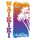 Hawaii Waikiki tee print with palm trees. T-shirt design, graphics, stamp, label, typography Royalty Free Stock Photo