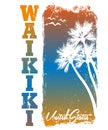 Hawaii Waikiki tee print with palm trees. T-shirt design, graphics, stamp, label, typography Royalty Free Stock Photo