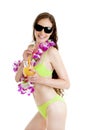 Hawaii woman in bikini wearing flower lei garland of pink orchid Royalty Free Stock Photo