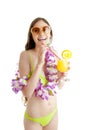 Hawaii woman in bikini wearing flower lei garland of pink orchid Royalty Free Stock Photo