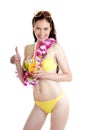 Hawaii woman in bikini wearing flower lei garland of pink orchid Royalty Free Stock Photo