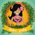Hawaiian Aloha Party Invitation with Hawaiian hula dancing girl, palm leaves and ribbon.