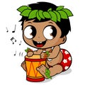 Hawaiian baby boy playing music with the drum. Vector illustration