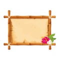 Hawaiian bamboo wooden frame with parchment and tropical flowers in cartoon style isolated on white background. Empty Royalty Free Stock Photo
