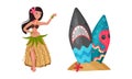 Hawaiian Beach Attributes and Tropical Symbols with Dancing Girl and Surfboard in Sand Vector Set