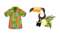 Hawaiian Beach Attributes and Tropical Symbols with Floral Shirt and Toucan Bird Vector Set