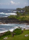 Hawaiian beach with lunch chairs. Enjoying paradise in Aloha. Panorama tropical landscape of summer scenery with palm Royalty Free Stock Photo