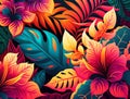 Hawaiian blossom floral tropical pattern. Bright flowers ornament background. Generative AI