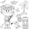 Hawaiian boy playing music with his guitar. Child on summer island vacations at the beach. Vector black and white coloring page