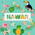 Hawaiian bright card with toucan, pineapple, flamingos, foliage and text