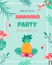 Hawaiian bright invitation with flamingos, pineapple, foliage and text