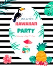 Hawaiian bright invitation pineapples, flowers, toucan and text