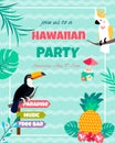 Hawaiian bright invitation with toucan, cockatoo, pineapple, foliage and text