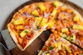 Hawaiian Chicken BBQ Italian Pizza on wood dish