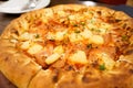 Hawaiian chicken pizza with pineapple. Delicious taste