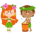 Hawaiian children playing music with a drum and hula dancing. Vector illustration Royalty Free Stock Photo