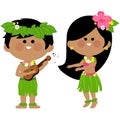 Hawaiian children playing music and hula dancing. Vector illustration Royalty Free Stock Photo