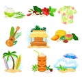 Hawaiian Compositions with Bright Exotic Palm Leaves and Tourist Attribute with Surfboard and Guitar Vector Set