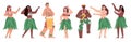 Hawaiian dancers in folk costumes dancing, flat vector illustration isolated.