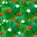 Hawaiian floral seamless pattern. Tropical template flowers and palms leaves texture. Vector background with rainforest Royalty Free Stock Photo