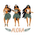 Hawaiian girls are dancing hula and playing ukulele Royalty Free Stock Photo