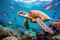 Hawaiian Green Sea Turtle Chelonia mydas in the Red Sea, Beautiful turtle swimming among fishes in blue water of ocean, AI Royalty Free Stock Photo