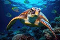 Hawaiian Green Sea Turtle Chelonia mydas in the Red Sea, Hawksbill Turtle in deep sea, AI Generated