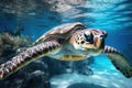 Hawaiian Green Sea Turtle Chelonia mydas, Green sea turtle swimming around colorful coral reef formations in the wild, AI