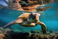 Hawaiian Green Sea Turtle Chelonia mydas swimming underwater, Green sea turtle swimming around colorful coral reef formations in