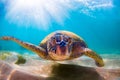 Hawaiian Green Sea Turtle cruising in the warm waters of the Pacific Ocean