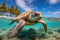 Hawaiian Green Sea Turtle swimming in the clear waters of the Pacific Ocean, An endangered Hawaiian Green Sea Turtle cruises in