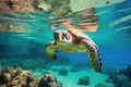 Hawaiian Green Sea Turtle swimming in the deep blue ocean, Green sea turtle swimming in turquoise sea water, underwater photo, AI Royalty Free Stock Photo