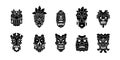 Hawaiian head mask. Tiki totem collection. Tribal ritual sculpture silhouette. Monochrome god face. Ethnic religious icons.