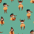 Hawaiian Hula dance girls dancing and playing guitar seamless pattern in vector