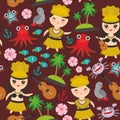 Hawaiian Hula Dancer Kawaii boy girl seamless pattern, set of Hawaii symbols with a guitar ukulele flowers parrot fish crab octopu