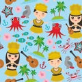 Hawaiian Hula Dancer Kawaii boy girl seamless pattern, set of Hawaii symbols with a guitar ukulele flowers parrot fish crab octopu