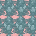 Hawaiian Hula dancers seamless vector pattern pink blue. Hula girls and dancing men repeating background. Hand drawn Hawaiian Royalty Free Stock Photo