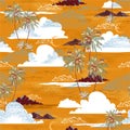 Hawaiian island ocean vibes, palm tree, mountain ,sea waves moon and clouds in yellow summer background seamless pattern Royalty Free Stock Photo