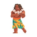 Hawaiian Man Character with Lei Garland or Wreath Playing Ukulele Vector Illustration