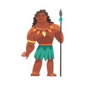 Hawaiian Man Character with Necklace and Palm Skirt Standing Holding Spear Vector Illustration