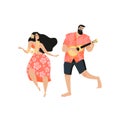 Hawaiian party concept with a man playing the guitar and dancing girl Royalty Free Stock Photo